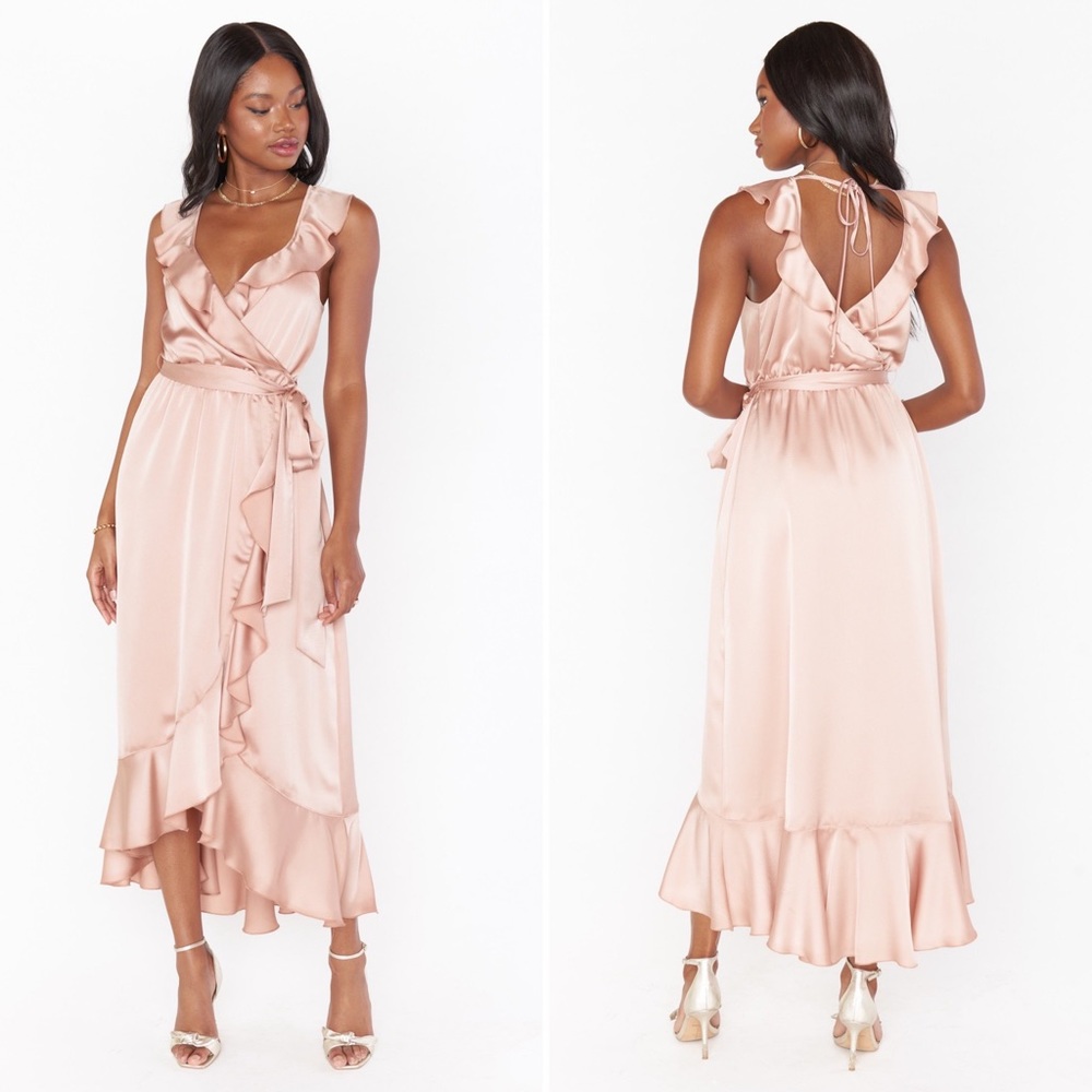 Show Me Your Mumu Samantha Rose Gold Luxe Satin Ruffle Wrap Dress